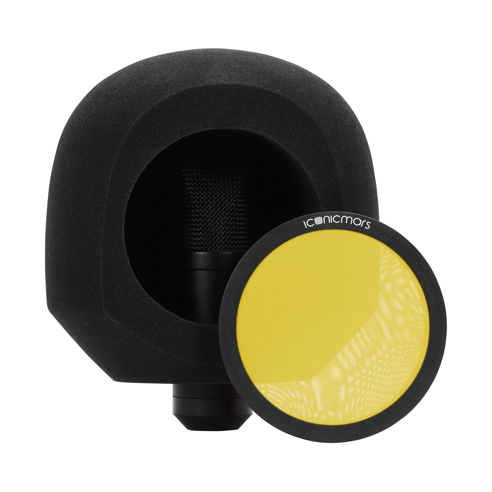 Front View of Comet Isolation Booth with pop filter for home studio and streaming -- Canary Yellow