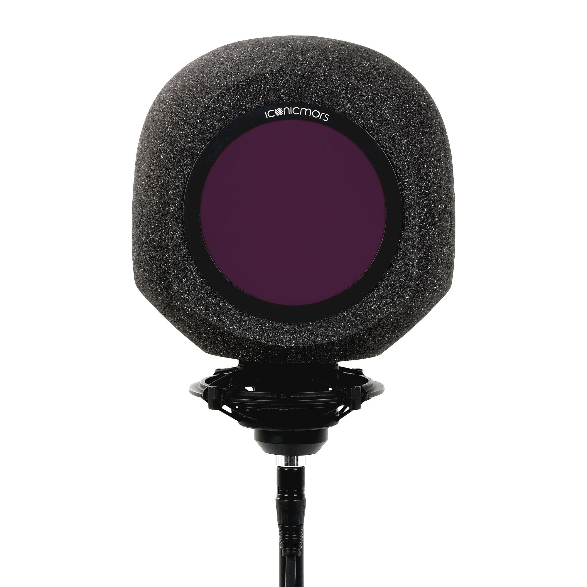Face on view of Comet with Pop Filter on Mic Stand for Vocal Booth, Streaming, ASMR, and Live Performance -- Midnight Purple