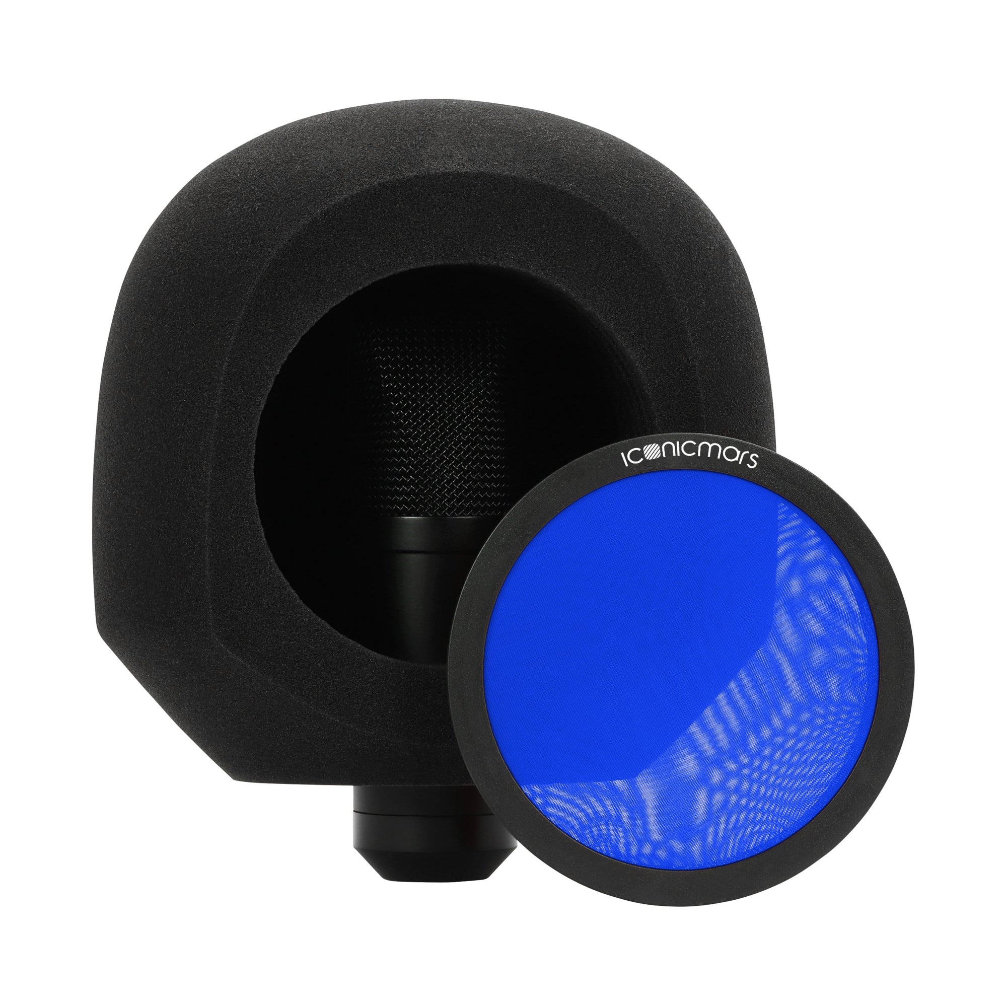 Front View of Comet Isolation Booth with pop filter for home studio and streaming -- Royal Blue