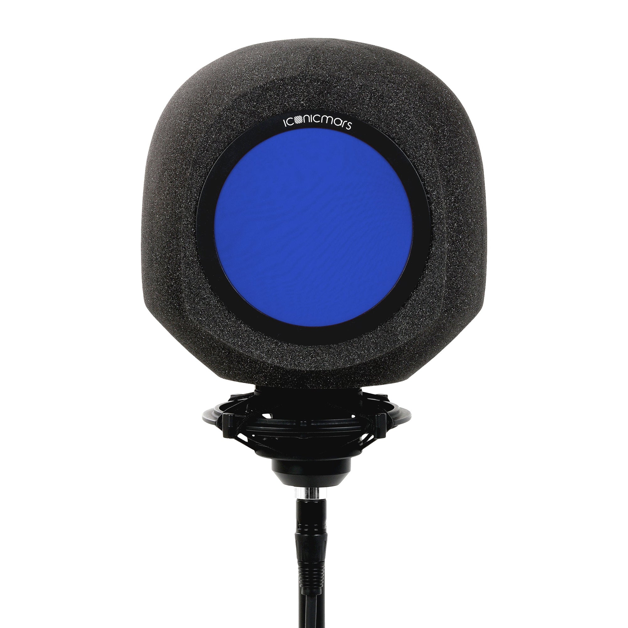 Face on view of Comet with Pop Filter on Mic Stand for Vocal Booth, Streaming, ASMR, and Live Performance -- Royal Blue
