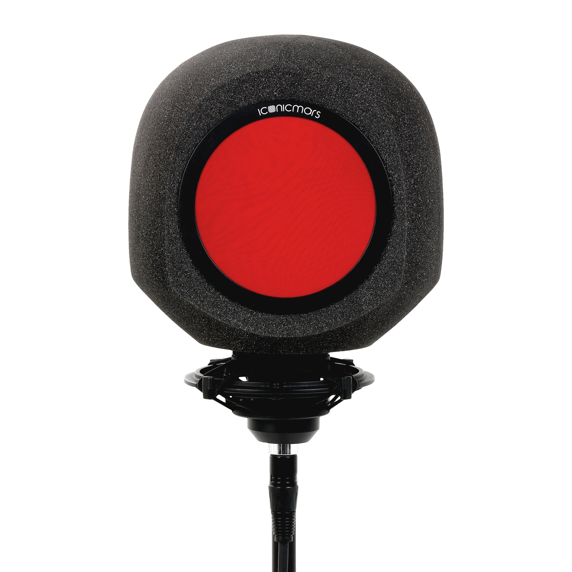 Face on view of Comet with Pop Filter on Mic Stand for Vocal Booth, Streaming, ASMR, and Live Performance -- Retro Red
