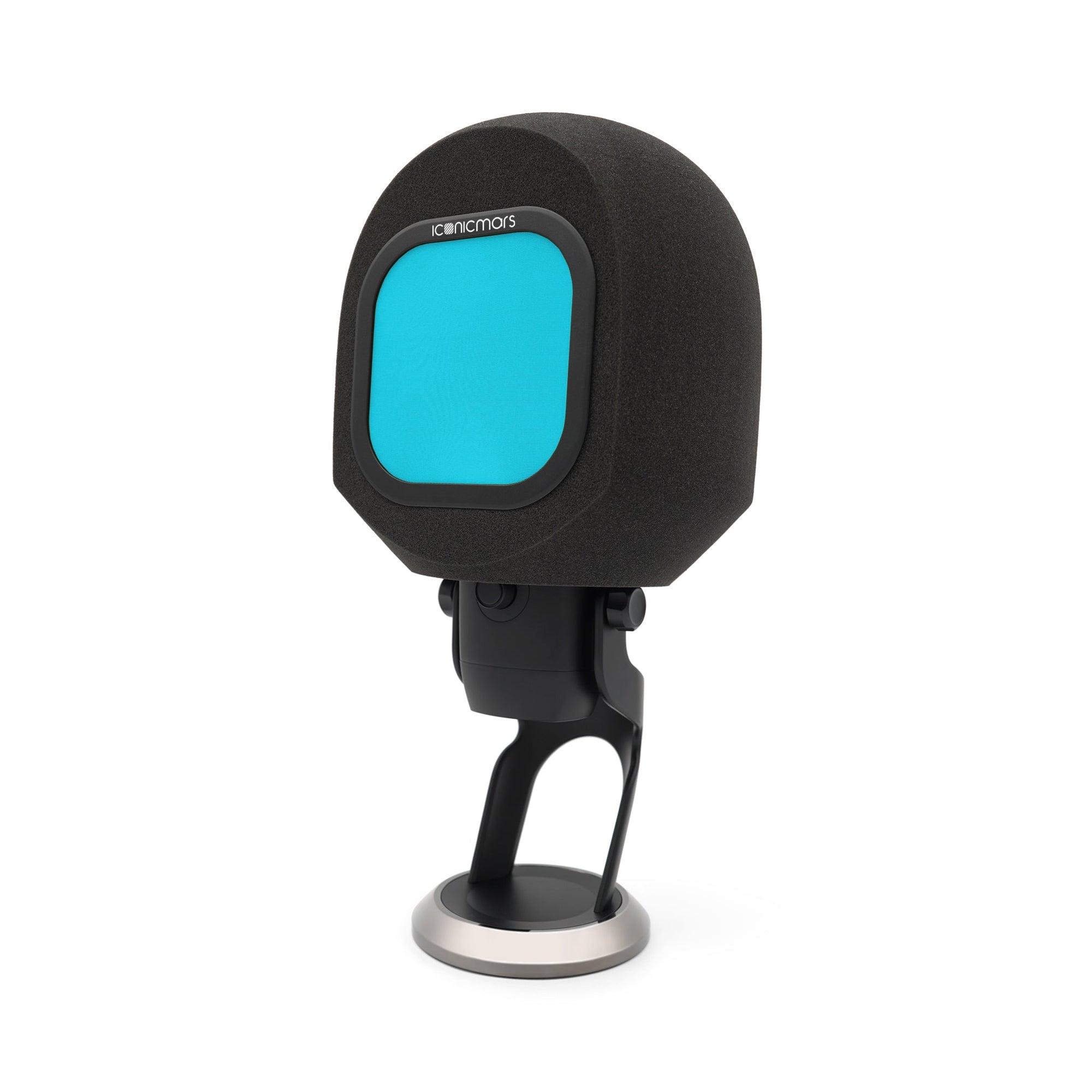 The Comet X with pop filter in quarter view, vocal booth shield made for streaming, asmr, and home studio  -- Aqua Blue
