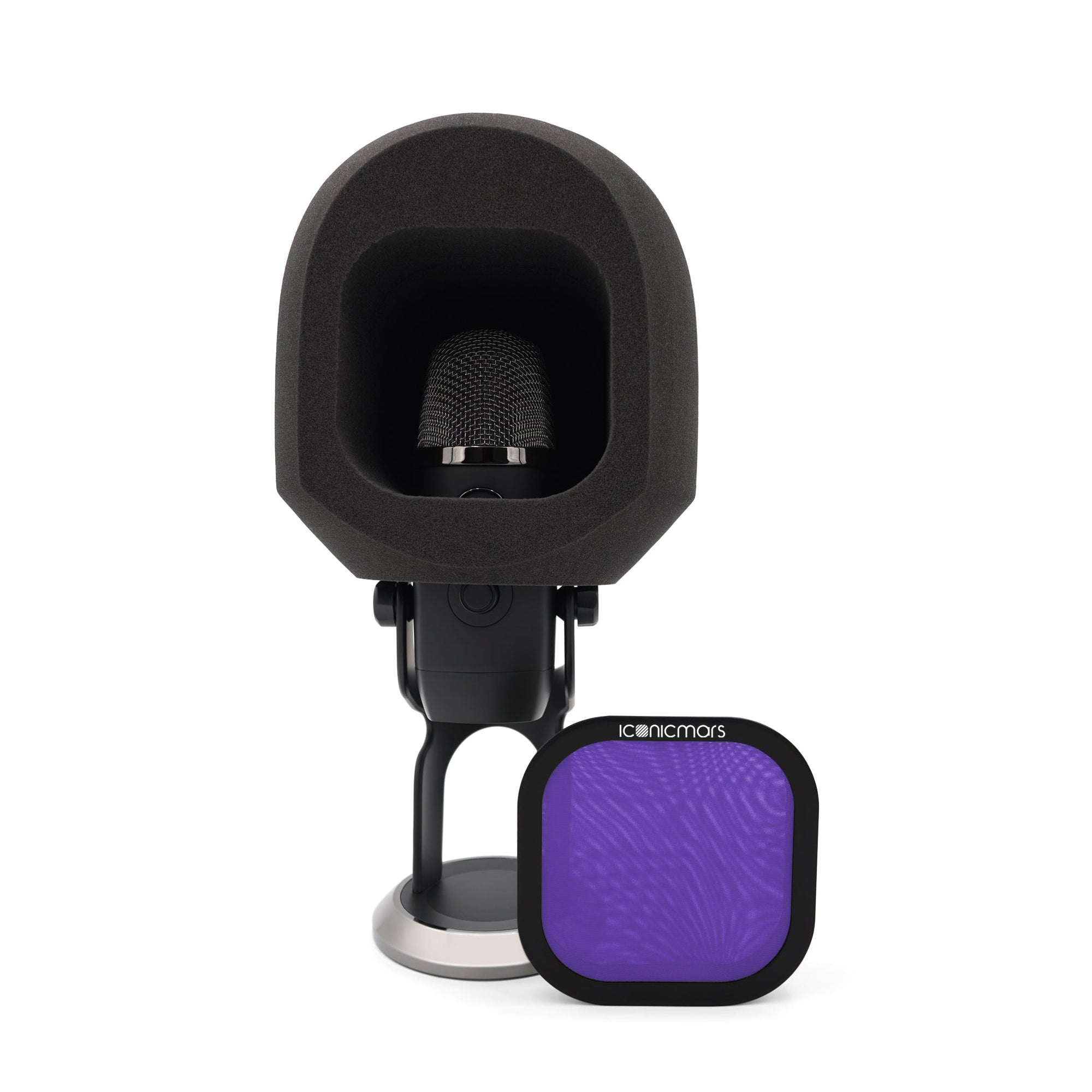 The Comet X Eye ball like isolation booth with pop filter showing microphone acoustic isolation chamber  -- Midnight Purple