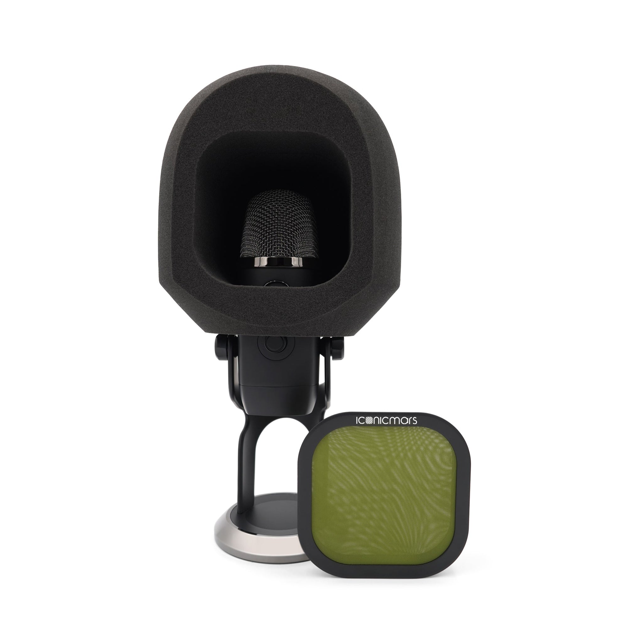 The Comet X Eye ball like isolation booth with pop filter off showing microphone acoustic isolation chamber  -- Olive Green