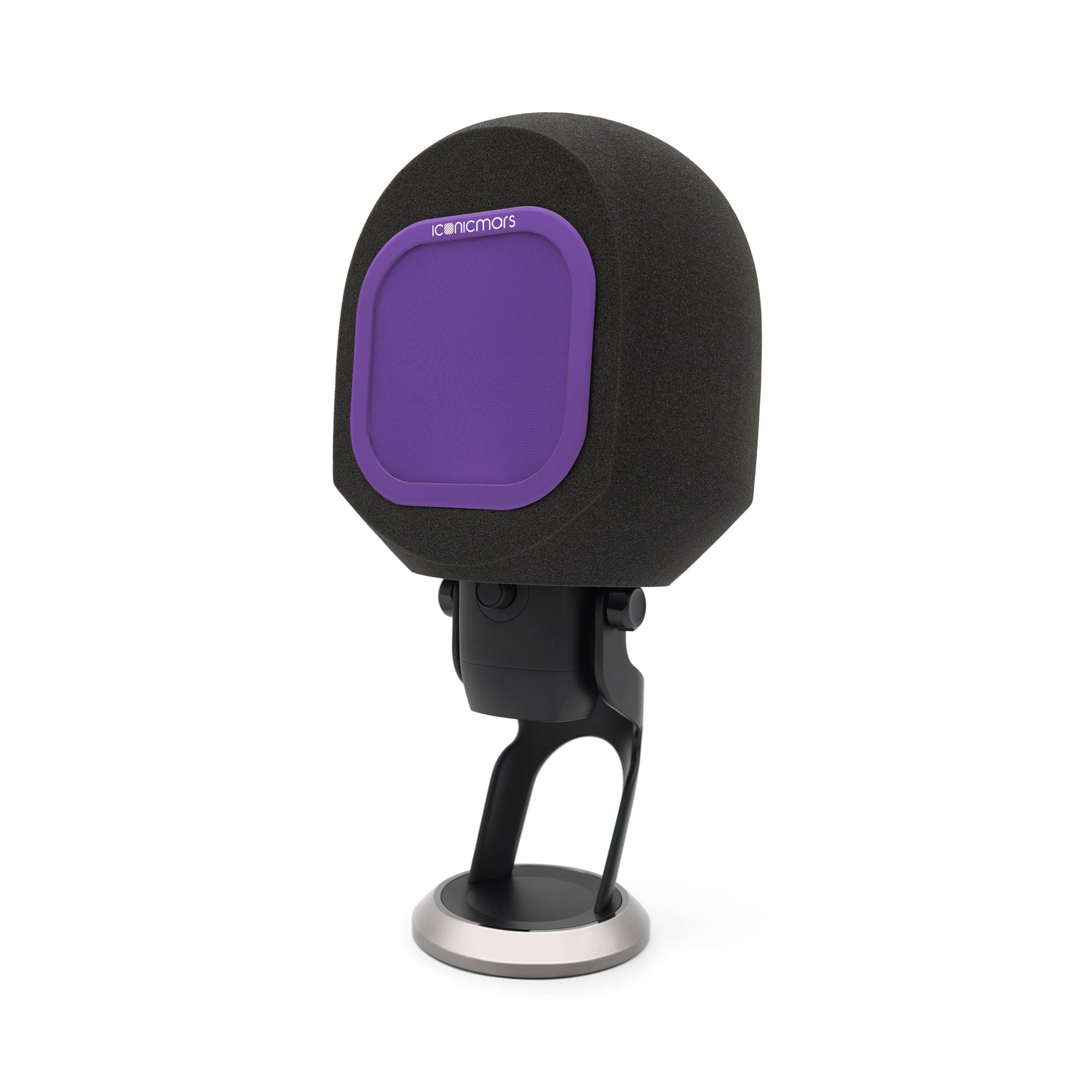 The Comet X with pop filter in quarter view, vocal booth shield made for streaming, asmr, and home studio  -- Purple Berry