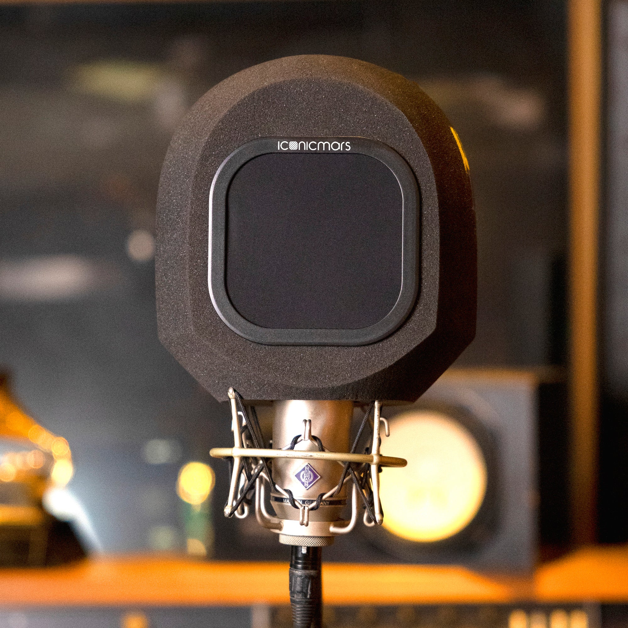 Hand painted acoustic isolation booth foam with removable pop filter used for home and studio recording