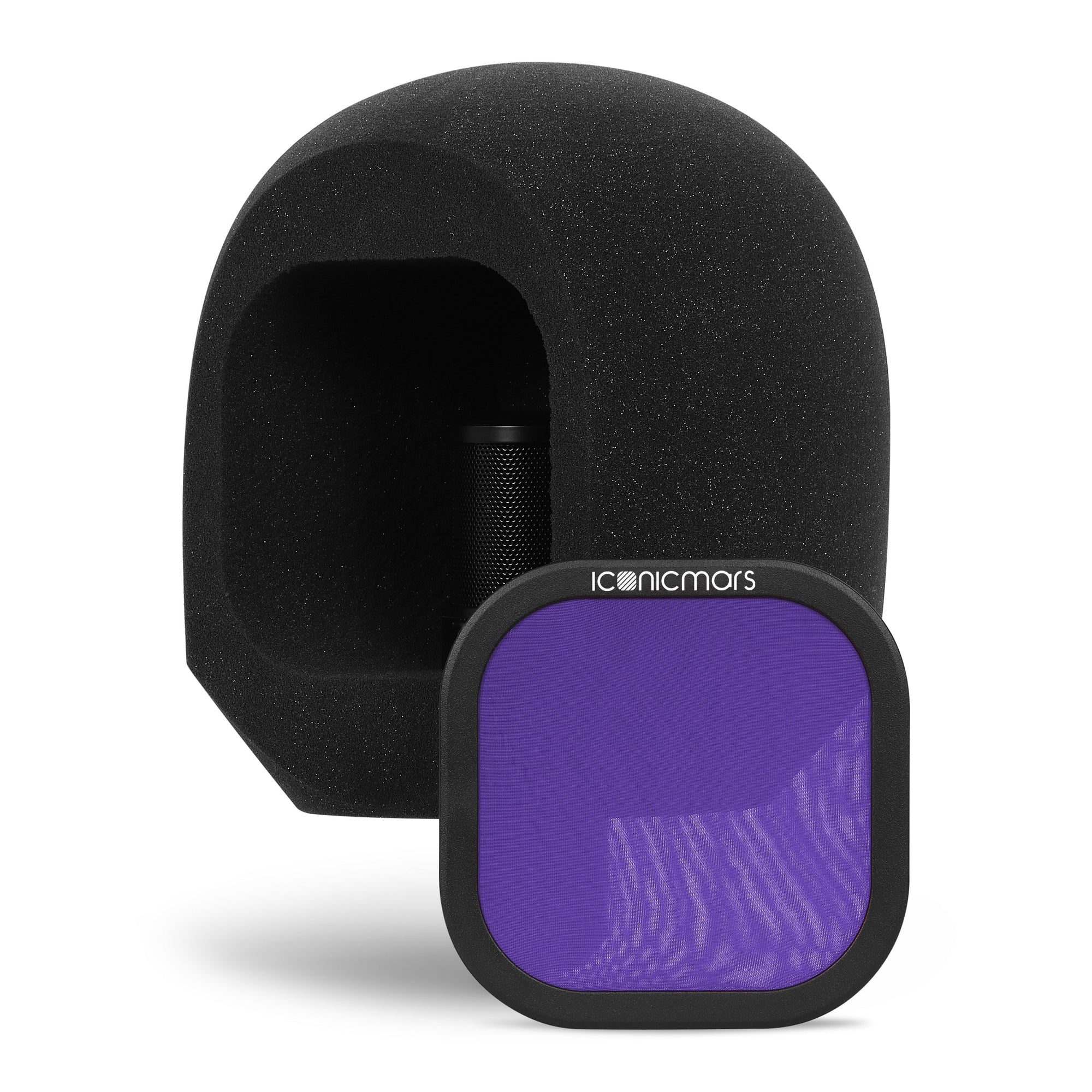 Comet Pro quarter view with pop filter showing microphone chamber for isolation vocal booth recording  -- Midnight Purple
