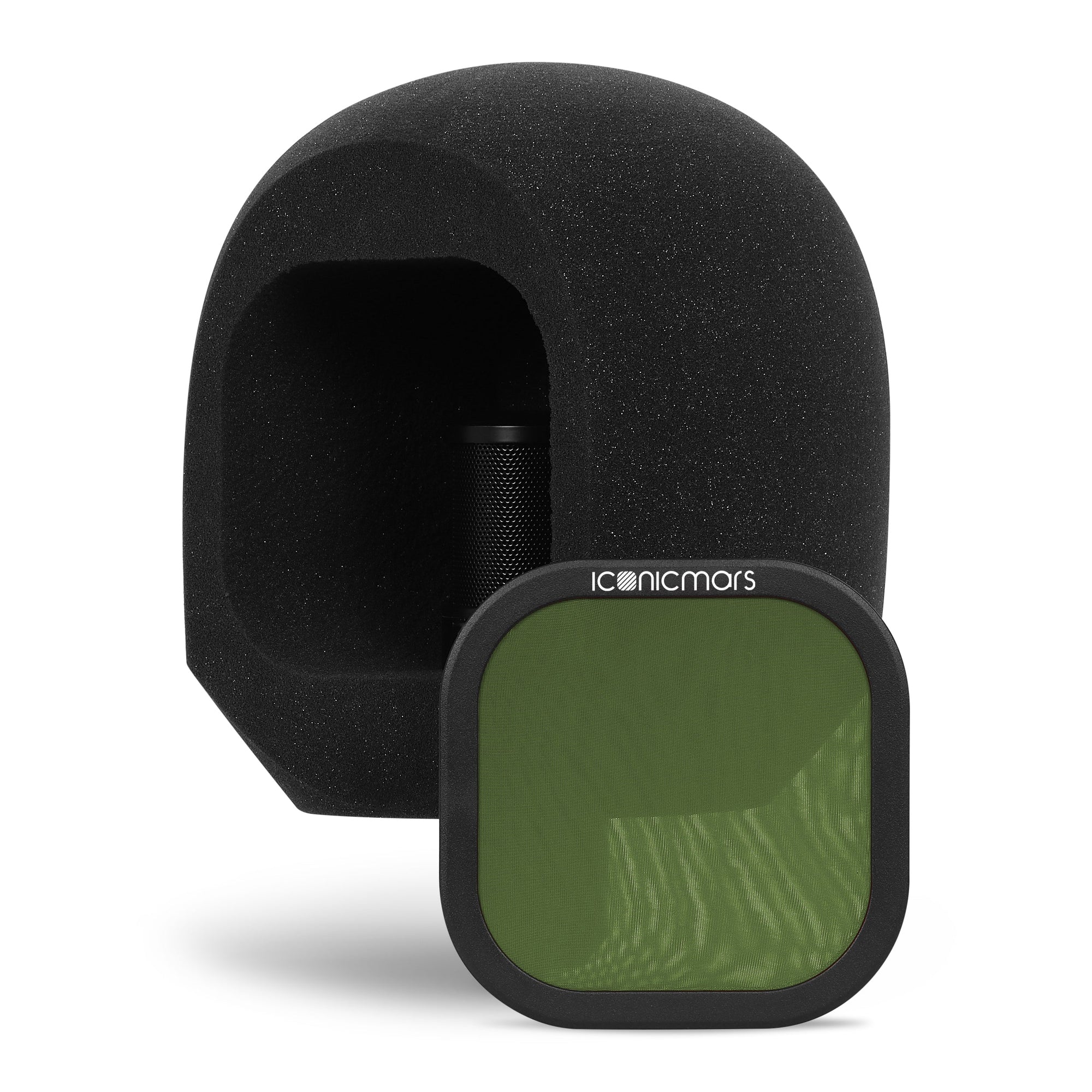 Comet Pro quarter view with pop filter showing microphone chamber for isolation vocal booth recording  -- Olive Green
