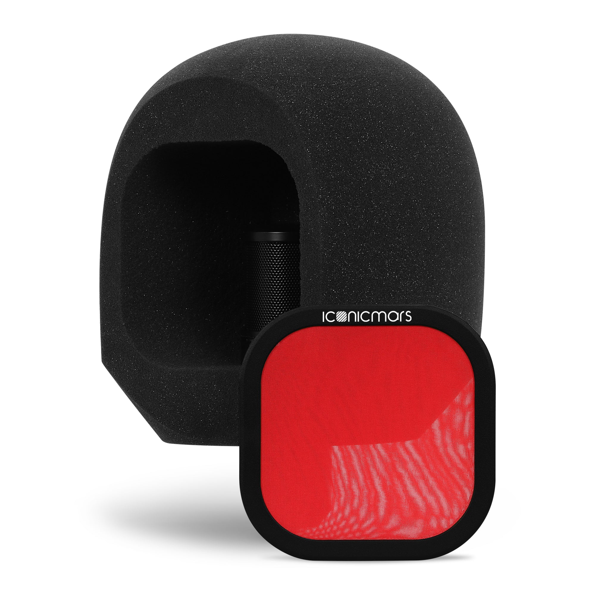 Comet Pro quarter view with pop filter showing microphone chamber for isolation vocal booth recording  -- Retro Red