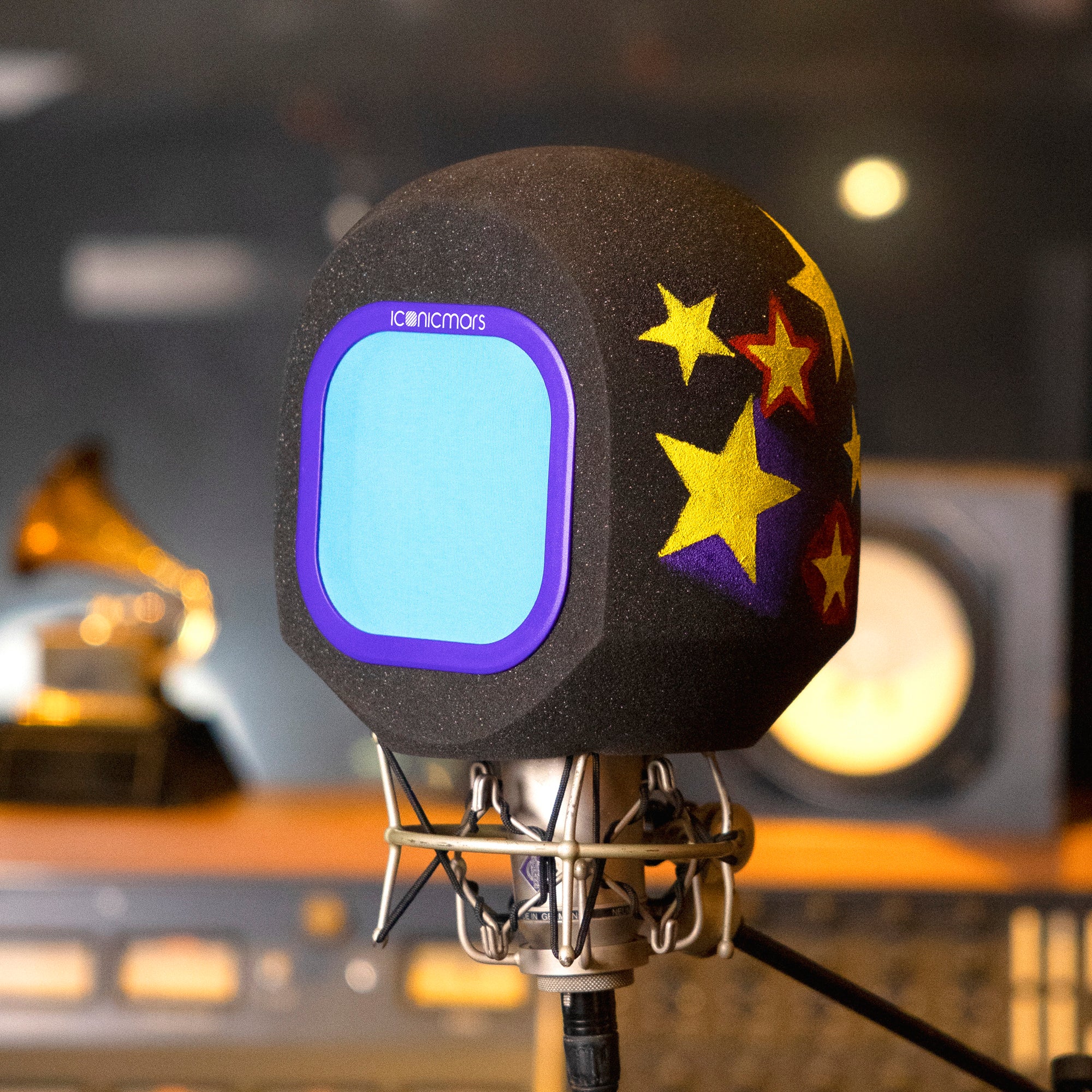 Comet Pro Microphone Isolation Shield with hand painted yellow blue red stars with lavender sky pop filter