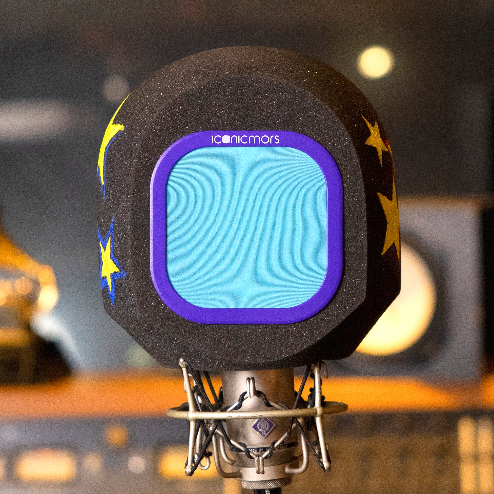 Comet Pro Microphone Isolation Shield with hand painted stars and aqua and purple pop filter