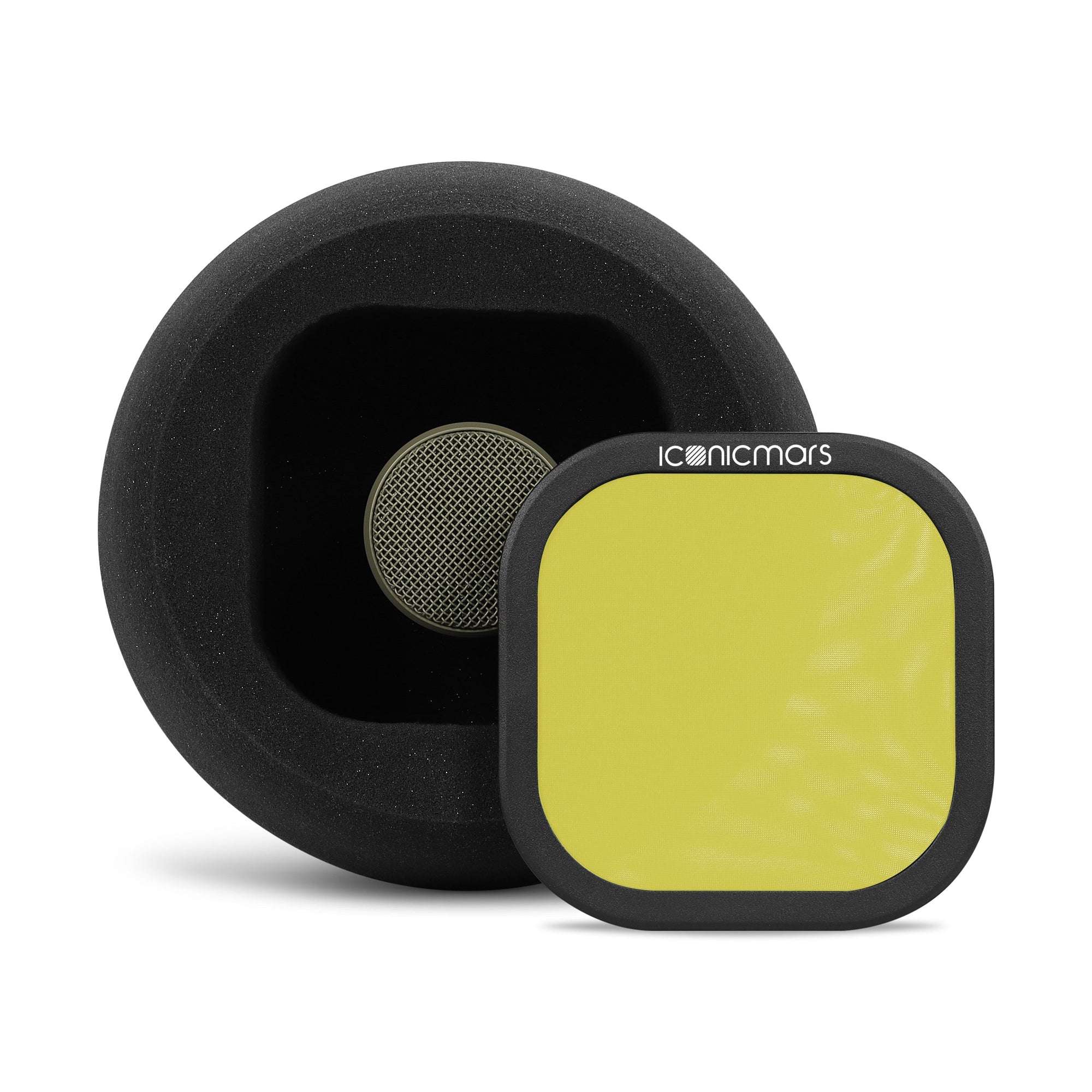 Comet X7B with dual layer mesh pop filter, filter is off and showing mic acoustic foam isolation chamber  -- Canary Yellow