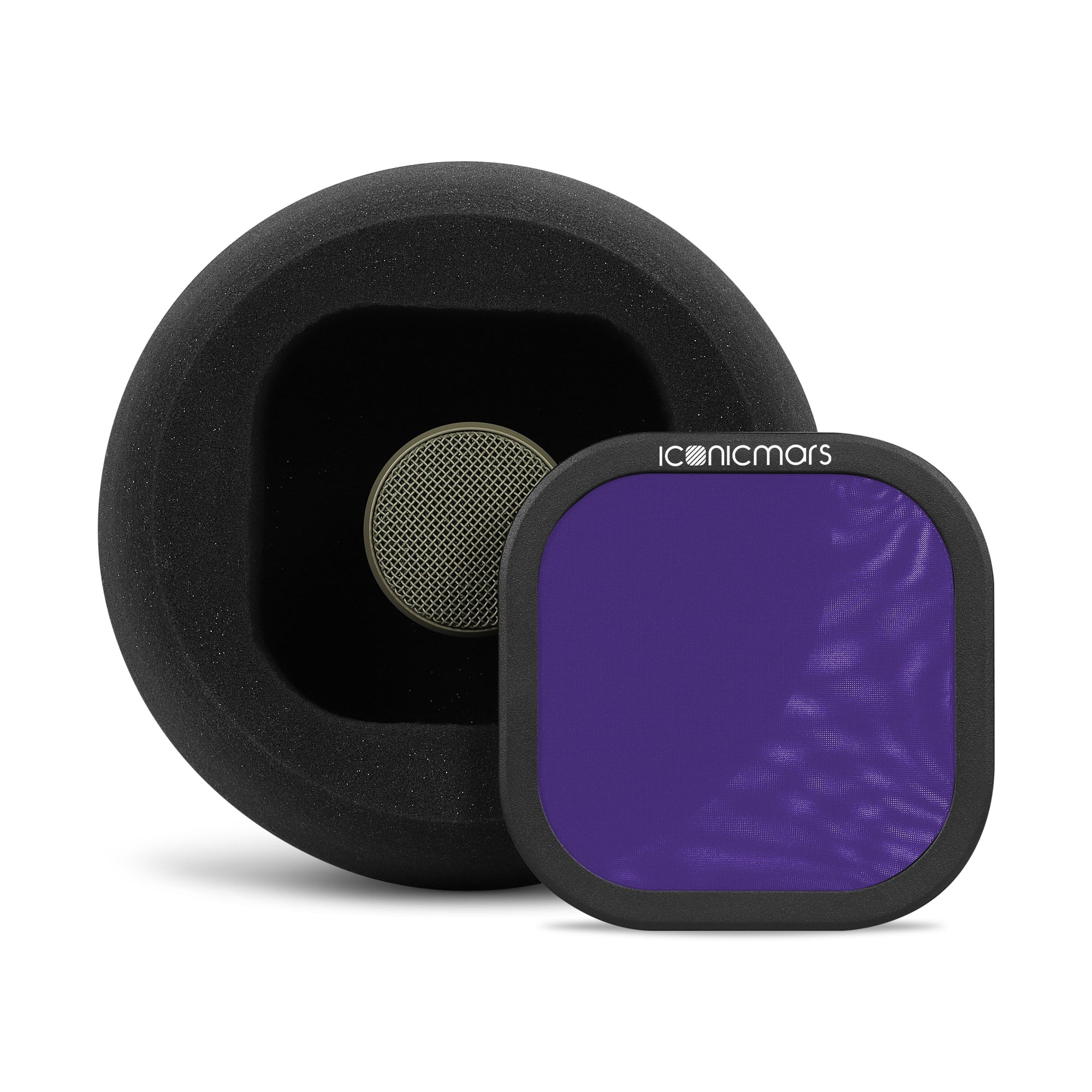 Comet X7B with dual layer mesh pop filter, filter is off and showing mic acoustic foam isolation chamber  -- Midnight Purple