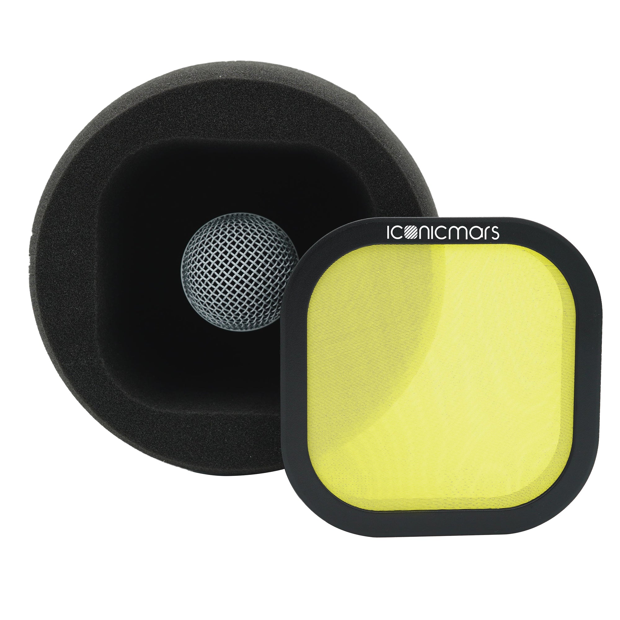 Comet X7A with dual layer mesh pop filter, filter is off and showing mic acoustic isolation chamber  -- Canary Yellow