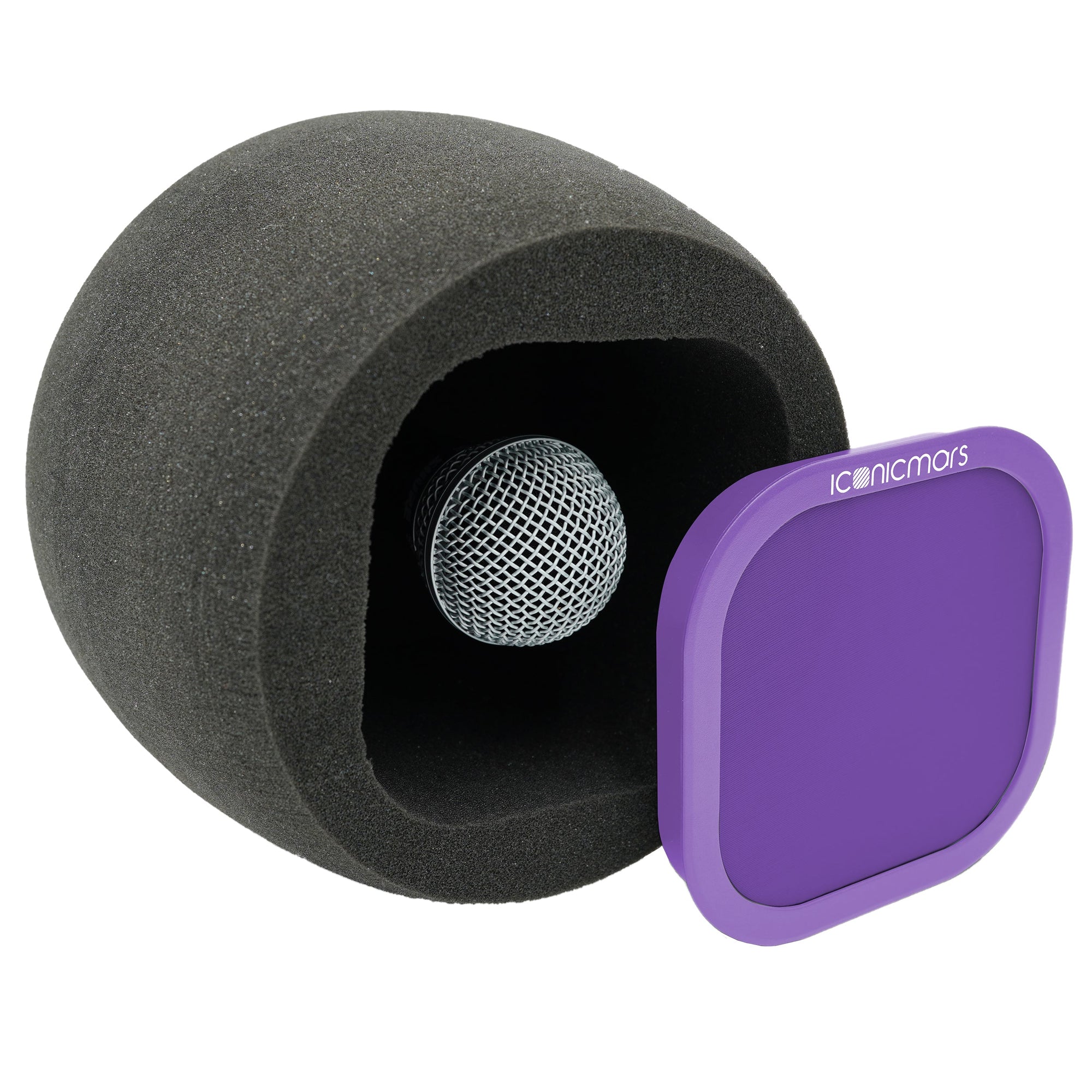 Comet X7A side view with pop filter off showing mic chamber, eyeball like design for front facing micrphone  -- Purple Berry