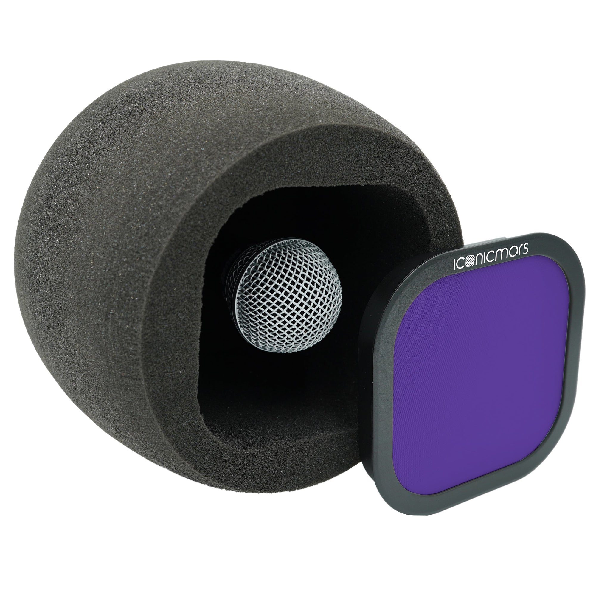 Comet X7A side view with pop filter off showing mic chamber, eyeball like design for front facing micrphone  -- Midnight Purple
