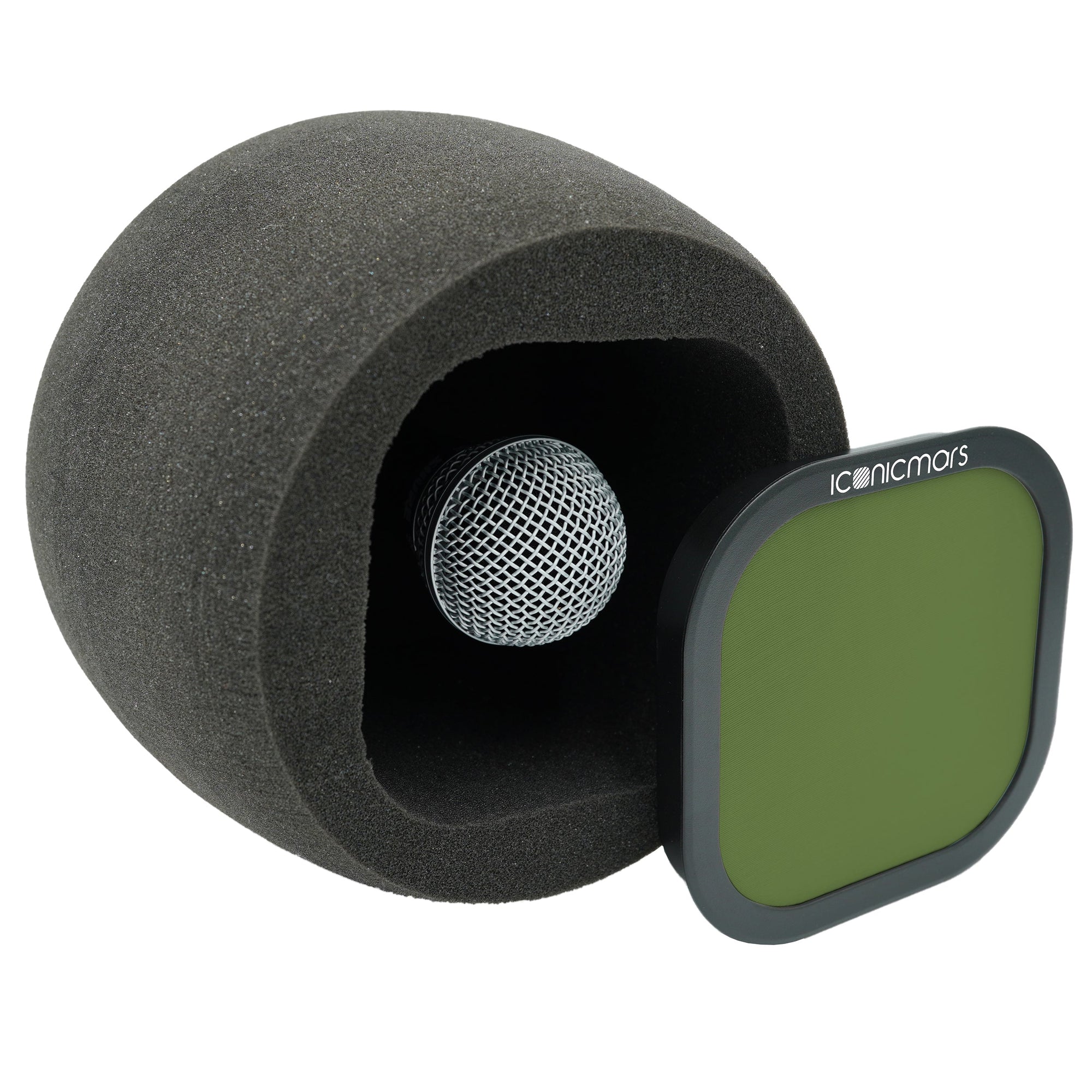 Comet X7A side view with pop filter off showing mic chamber, eyeball like design for front facing micrphone  -- Olive Green