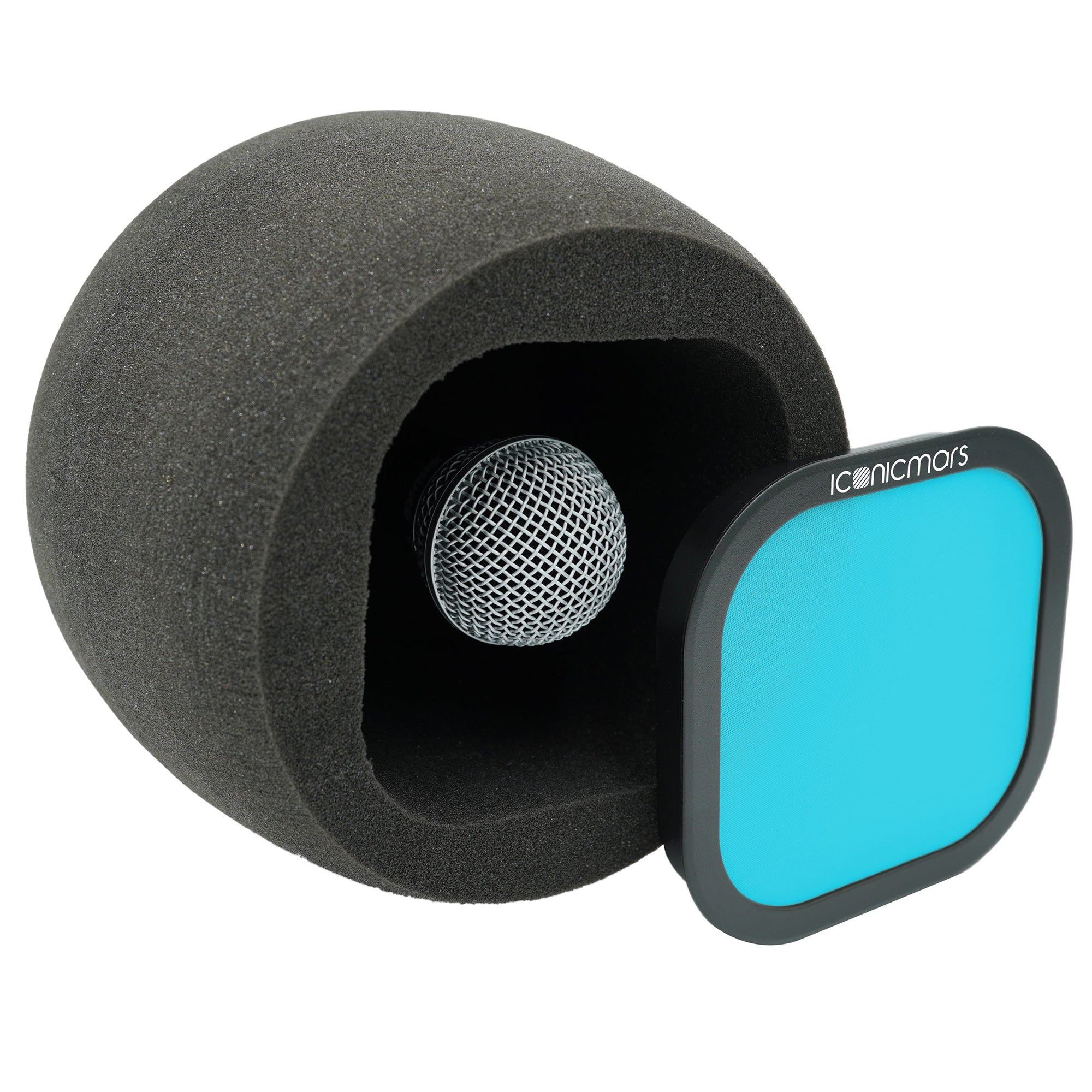 Comet X7A side view with pop filter off showing mic chamber, eyeball like design for front facing micrphone  -- Aqua Blue