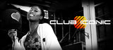 Club Iconic banner with woman holding isolation vocal booth with hand painted heart on side