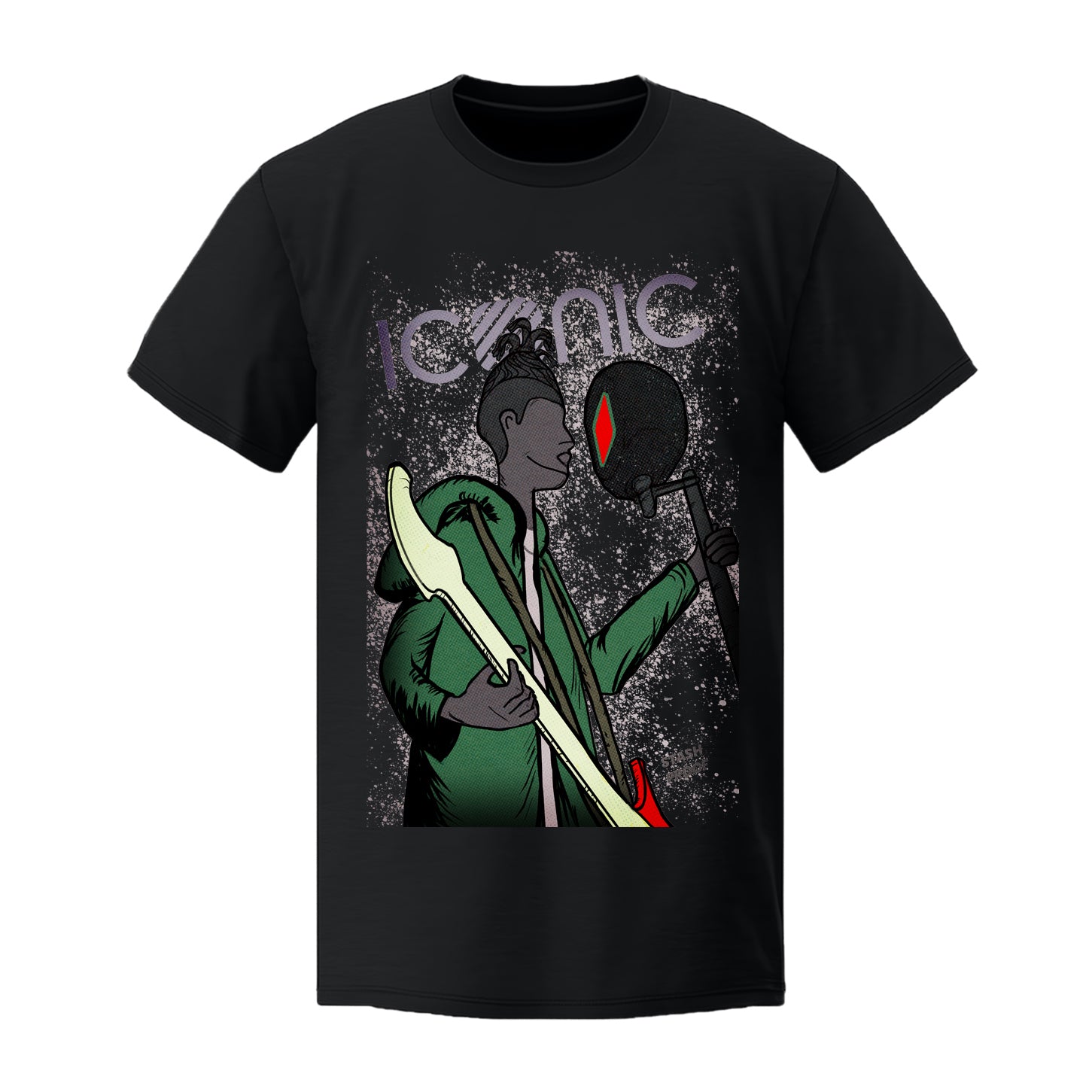 Iconic Mars x Stash Proof Collaboration T-shirt, character is wearing green sweater with purple background
